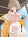  1girl absurdres anis_(nikke) anis_(sparkling_summer)_(nikke) bikini brown_hair can drink_can eyepatch_bikini goddess_of_victory:_nikke highres holding holding_can jacket jewelry navel necklace official_alternate_costume pulchi soda_can solo star_(symbol) star_necklace swimsuit white_bikini yellow_eyes yellow_jacket 