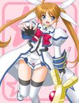  :d blue_eyes brown_hair fingerless_gloves gloves long_hair lyrical_nanoha magical_girl mahou_shoujo_lyrical_nanoha_strikers open_mouth outstretched_hand raising_heart smile solo staff t2r takamachi_nanoha thighhighs twintails zettai_ryouiki 