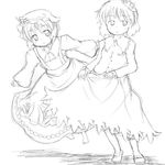  aki_minoriko aki_shizuha barefoot food fruit grapes greyscale hair_ornament hat konata_gazel leaf leaf_on_head monochrome multiple_girls siblings sisters sketch touhou 