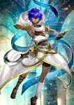  1boy armlet bandaged_leg bandages bangle belt black_blade_(fate) black_shorts blue_background bracelet brown_belt dagger dark-skinned_male dark_skin earrings fate/grand_order fate_(series) foot_out_of_frame game_cg hair_between_eyes hands_up hassan_of_the_shining_star_(fate) holding_sickle hood hood_down jewelry knife light_particles looking_at_viewer male_focus mole mole_on_cheek official_art outstretched_arm purple_hair reverse_grip sandals scar scar_on_neck short_hair shorts sickle sleeveless solo task_owner third-party_source toes toned toned_male very_dark_skin weapon yellow_eyes 