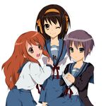  asahina_mikuru book brown_eyes brown_hair cardigan grey_hair hair_ribbon hairband kita_high_school_uniform long_hair miyako_(bloodcrow0513) multiple_girls nagato_yuki one_eye_closed orange_hairband ribbon school_uniform serafuku short_hair suzumiya_haruhi suzumiya_haruhi_no_yuuutsu 