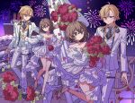  1boy 1girl alcohol bare_shoulders blonde_hair bouquet brown_eyes brown_hair champagne champagne_flute closed_mouth commission cruise_ship cup dress drinking_glass ensemble_stars! fireworks flower formal_clothes frilled_dress frills full_body hair_between_eyes hakaze_kaoru high_heels highres holding holding_bouquet holding_cup jacket long_hair long_sleeves looking_at_another meremero multiple_views night night_sky ocean open_mouth original pants red_flower red_rose rose ship shoes short_hair sky smile suit watercraft white_dress white_jacket white_pants white_suit 