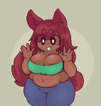 absurd_res animal_ears animal_humanoid animal_tail big_breasts big_tail black_eyes blue_bottomwear blue_clothing blue_pants blush blush_lines bottomwear breasts canid canid_humanoid canine canine_humanoid cleavage clothed clothing eyelashes female fox_humanoid front_view fur green_background green_clothing green_topwear hair hi_res humanoid long_hair looking_at_viewer mammal mammal_humanoid moogers navel pants red_body red_fur red_hair simple_background slightly_chubby solo tail terraria thick_thighs topwear wide_hips zoologist_(terraria)