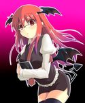  bat_wings bespectacled blush book demon_tail glasses head_wings highres holding holding_book koakuma long_hair miniskirt necktie outline red_eyes red_hair red_neckwear skirt solo tail thighhighs touhou wings yuu_(genkai77) zettai_ryouiki 