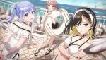  3girls :o barbell_piercing bare_shoulders bikini bird black_footwear black_hair black_nails blonde_hair blue_hair blue_sky bracelet breasts brown_hair closed_mouth collarbone cometik_(idolmaster) crossed_bangs day dot_nose ear_piercing eyelashes feathers full_body hair_between_eyes hair_ornament hair_scrunchie hairband hairclip hand_on_own_arm idolmaster idolmaster_shiny_colors ikaruga_luca ikuta_haruki industrial_piercing jewelry long_bangs long_hair looking_at_viewer medium_breasts medium_hair multicolored_hair multiple_girls multiple_piercings ocean off_shoulder official_alternate_costume official_alternate_hairstyle official_art open_mouth outdoors piercing ponytail puffy_short_sleeves puffy_sleeves purple_eyes ribbon sandals scrunchie seagull short_hair short_sleeves sky smile streaked_hair suzuki_hana swept_bangs swimsuit tsurime two-tone_hair white_bikini white_hairband yellow_eyes 