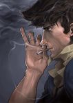  brown_hair cigarette cowboy_bebop male_focus necktie pinky_out profile realistic smoke smoking solo spike_spiegel tom_waterhouse traditional_media 