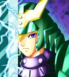  90s armor blade blonde_hair date_seiji electricity hair_over_one_eye helmet lightning male_focus purple_eyes solo sword weapon yoroiden_samurai_troopers 