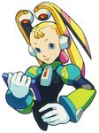  android bangs blonde_hair blue_eyes bodysuit drawing_tablet flat_chest gloves hair_ornament hand_on_hip holding light_smile long_hair looking_at_viewer official_art palette_(rockman) robot_ears rockman rockman_x rockman_x8 simple_background smile solo twintails upper_body white_background yoshikawa_tatsuya 