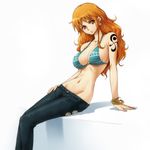  arm_support bangle bare_shoulders bikini_top bracelet breasts denim earrings groin hairu jeans jewelry large_breasts log_pose long_hair lowleg lowleg_pants midriff nami_(one_piece) navel one_piece orange_eyes orange_hair pants sitting slender_waist solo tattoo 