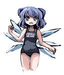  &gt;:) :d blue_eyes blue_hair bow cirno gatau hair_bow looking_at_viewer lowres no_nose one-piece_swimsuit open_mouth ribbon school_swimsuit short_hair smile solo swimsuit thigh_gap touhou v-shaped_eyebrows wings 