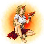  alcohol bad_id bad_pixiv_id barefoot blonde_hair breasts cuffs cup horn hoshiguma_yuugi large_breasts long_hair red_eyes sakazuki sake solo strange_cherry touhou 