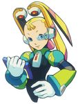  android bangs blonde_hair blue_eyes bodysuit drawing_tablet flat_chest gloves hair_ornament hand_on_hip holding light_smile long_hair looking_at_viewer official_art palette_(rockman) robot_ears rockman rockman_x rockman_x8 simple_background smile solo twintails upper_body visor white_background yoshikawa_tatsuya 