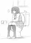  1girl ascot bad_id bad_pixiv_id chin_rest dr.p greyscale kazami_yuuka monochrome pantyhose pantyhose_pull plaid plaid_skirt plaid_vest short_hair skirt skirt_set slippers solo spoken_ellipsis toilet toilet_paper toilet_use touhou unmoving_pattern vest 