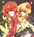  1girl bad_id bad_pixiv_id beatrice blonde_hair blue_eyes bug butterfly flower formal hair_flower hair_ornament insect necktie red_flower red_hair red_rose riichu rose short_hair smile suit umineko_no_naku_koro_ni ushiromiya_battler 