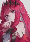 1girl baobhan_sith_(fate) bare_shoulders breasts detached_sleeves dress fate/grand_order fate_(series) frilled_dress frills grey_eyes hair_ornament hand_up highres ink_(inkypyon) long_hair looking_at_viewer pink_hair pointy_ears red_dress sidelocks solo upper_body white_background 