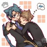  androgynous animal_ears bad_id bad_pixiv_id baka_to_test_to_shoukanjuu blue_eyes blue_hair brown_eyes brown_hair cat_ears catboy fish glasses hug kubo_toshimitsu male_focus multiple_boys naho_(pi988y) necktie school_uniform shirt smile white_shirt yaoi yoshii_akihisa 