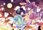  alcohol animal_ears bottle bunny bunny_ears choker clog_sandals cup dango food full_moon hair_ornament inaba_tewi japanese_clothes kimono leaf long_hair maple_leaf moon multiple_girls purple_eyes purple_hair reisen_udongein_inaba sakazuki sake sake_bottle sandals sanshoku_dango short_hair skewer thighhighs touhou unmoving_pattern wagashi wasabi_(sekai) white_legwear 