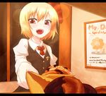  ayagi_daifuku bakery blonde_hair blush choco_fashion doughnut drooling food french_cruller hair_ribbon letterboxed lion mister_donut old-fashioned_doughnut open_mouth pon_de_lion pon_de_ring red_eyes ribbon rumia saliva shop short_hair solo sparkle touhou tray vest 