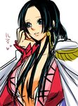  amazon black_hair blush boa_hancock breasts cape chiroru_shimai cleavage earrings epaulettes heart jewelry large_breasts long_hair one_piece solo white_background 