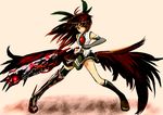  alternate_costume alternate_weapon arm_cannon black_hair blackcat_(pixiv) bow detached_sleeves grin hair_bow highres long_hair low_wings red_eyes reiuji_utsuho smile solo thighhighs touhou weapon wings 