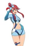  blue_eyes blush fuuro_(pokemon) galsink gloves gym_leader hair_ornament highres holding holding_poke_ball long_hair midriff navel open_clothes open_mouth poke_ball poke_ball_(generic) pokedex pokemon pokemon_(game) pokemon_bw red_hair short_shorts shorts simple_background sitting smile solo suspenders white_background 