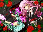  aqua_hair bad_id bad_pixiv_id blue_eyes checkered checkered_background dress earrings elbow_gloves flower formal gloves gun hatsune_miku jewelry long_hair megurine_luka multiple_girls necklace pant_suit pink_hair rapier red_flower red_rose rondo_of_the_sun_and_moon_(vocaloid) rose sakuragi_ren suit sword twintails vocaloid weapon 
