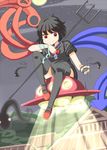  asymmetrical_wings bad_id bad_pixiv_id black_hair black_legwear hayate_(higan_sakura) houjuu_nue polearm red_eyes short_hair snake solo thighhighs touhou trident ufo weapon wings 