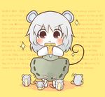  :&lt; ^_^ animal_ears bad_id bad_pixiv_id caloriemate chibi closed_eyes dress eating english grey_hair jewelry long_sleeves mouse mouse_ears mouse_tail nazrin pendant red_eyes short_hair sleeping solo south114 sparkle tail touhou zzz |_| 