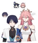  1boy 1girl animal_ears arms_at_sides bare_shoulders black_bodysuit black_hair blue_cape blue_gemstone blue_kimono blue_sleeves blunt_ends bodysuit cape chibi chibi_inset closed_eyes closed_mouth covered_collarbone detached_sleeves droopy_ears earrings eyeliner eyeshadow facing_viewer false_smile flower fox_ears gem genshin_impact gold hair_between_eyes han&#039;eri highres japanese_clothes jewelry kimono layered_kimono layered_sleeves long_hair looking_at_viewer makeup mandarin_collar nonons nontraditional_miko open_clothes open_kimono pale_skin pink_hair purple_flower purple_rope red_eyeliner red_eyeshadow red_lips rope scaramouche_(genshin_impact) short_sleeves shoulder_peek sidelocks smile straight-on vision_(genshin_impact) wanderer_(genshin_impact) white_background white_kimono white_sleeves yae_miko 