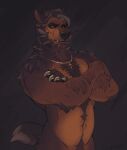 2022 amber_eyes anthro beard black_sclera body_hair bust_portrait canid canine claws cross crossed_arms crotch_tuft displeased ear_piercing ear_ring enro enro_the_mutt facial_hair fangs fluffy fluffy_chest grumpy happy_trail hi_res jewelry looking_at_viewer male mammal muscular muscular_male mythological_canine mythological_creature mythology necklace piercing portrait ring_piercing solo teeth tuft werecanid werecanine werecreature werewolf