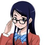  blazer blue_bow blue_hair bow bowtie brown_jacket futari_wa_precure glasses jacket kumataka long_hair precure smile solo verone_gakuin_school_uniform yukishiro_honoka 