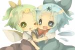  bad_id bad_pixiv_id blue_eyes blue_hair bow cirno daiyousei dress green_eyes green_hair hair_bow hair_ornament hairclip masirosu multiple_girls neck_ribbon ribbon short_hair side_ponytail touhou wings 