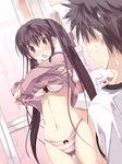  1girl bathroom black_hair blush bow bow_panties bra brown_eyes dutch_angle lingerie long_hair navel open_mouth original panties satomi spiked_hair striped striped_panties surprised sweatdrop twintails underwear undressing very_long_hair walk-in 