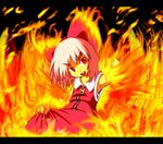  achi_cirno alternate_color alternate_element armpits bad_id bad_pixiv_id bare_shoulders bow cirno dress fire hair_bow head_tilt letterboxed mimiru_(mimill) red_eyes ribbon short_hair solo touhou zipper 