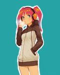  baozi blue_eyes copyright_request face food hands_in_pockets headphones highres red_hair sentou simple_background solo twintails 