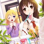  adjusting_hair blonde_hair blush brown_eyes brown_hair brushing_teeth cup dutch_angle flower long_hair maribel_hearn mirror multiple_girls necktie no_hat no_headwear one_eye_closed oryou purple_eyes reflection toothbrush touhou usami_renko window yawning 