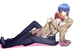  angel_beats! asano_akira blue_eyes blue_hair brown_eyes brown_hair hinata_(angel_beats!) hug male_focus multiple_boys otonashi_(angel_beats!) school_uniform 