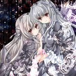  bad_id bad_pixiv_id dress dual_persona feathers finger_to_mouth frills hairband holding_hands long_hair multiple_girls nanase_nao red_eyes rozen_maiden silver_hair smile suigintou 