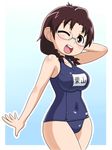  braid brown_eyes brown_hair glasses goriate kuriyama_aiko mitsudomoe one-piece_swimsuit one_eye_closed school_swimsuit short_hair solo swimsuit twin_braids 