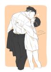  2boys age_difference akitaru_oubi black_hair black_pants border closed_eyes cropped_legs dated en'en_no_shouboutai height_difference highres kiss male_focus monochrome multiple_boys mzkenen onii-shota orange_background pants shinra_kusakabe shirt short_hair translation_request undercut white_border yaoi 