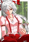  bamboo bamboo-copter bamboo_forest forest fujiwara_no_mokou hair_over_one_eye izuna_nie long_hair nature pants red_eyes silver_hair solo suspenders touhou toy white_hair 