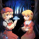  aki_minoriko aki_shizuha apple blonde_hair food fruit glowing glowing_eyes grapes hair_ornament hat holding holding_food holding_fruit leaf leaf_hair_ornament multiple_girls mushroom orange short_hair siblings sisters touhou vegetable wancozow yellow_eyes you_gonna_get_raped 