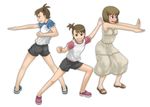  bare_shoulders blush dress embarrassed futami_ami futami_mami hagiwara_yukiho idolmaster idolmaster_(classic) multiple_girls no_socks open_mouth otsuaki pose raglan_sleeves siblings sisters smile sweatdrop twins 