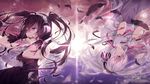  alternate_color black_hair black_vs_white cloud dress dual_persona feathers gloves hatsune_miku headphones highres long_hair mirusa purple_eyes rotational_symmetry sky twintails very_long_hair vocaloid white_hair 