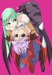  animal_print bat_print breast_press breasts demon_girl green_eyes green_hair large_breasts leotard lilith_aensland long_hair morrigan_aensland multiple_girls ninomae_ichijiku pantyhose print_legwear red_eyes short_hair succubus vampire_(game) wings 