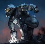  armor ataruman clenched_hand from_side ground_shatter halo:_reach halo_(game) helmet looking_afar night one_knee power_armor power_suit profile punching smoke solo spartan spartan-b312 visor 