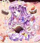  book cake candy candy_cane crescent doughnut food fork harukaruha hat heart long_hair patchouli_knowledge purple_eyes purple_hair solo spoon touhou 