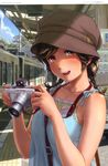  absurdres braid brown_eyes brown_hair camera copyright_request ground_vehicle hat highres naruko_hanaharu non-web_source open_mouth scan sleeveless solo tactile_paving train 
