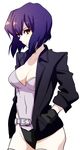  bangs belt black_gloves black_jacket bob_cut breasts cleavage closed_mouth from_side ghost_in_the_shell ghost_in_the_shell_stand_alone_complex gloves hair_between_eyes hands_in_pockets head_tilt highleg highleg_leotard jacket kusanagi_motoko leotard light_smile looking_at_viewer medium_breasts musco open_clothes open_jacket purple_hair red_eyes short_hair sketch smile solo standing thighhighs 