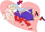  blue_hair cheek_kiss closed_eyes fujiwara_no_mokou glomp hat heart hug kamishirasawa_keine kiss long_hair multiple_girls nishio red_eyes ribbon touhou white_hair yuri 